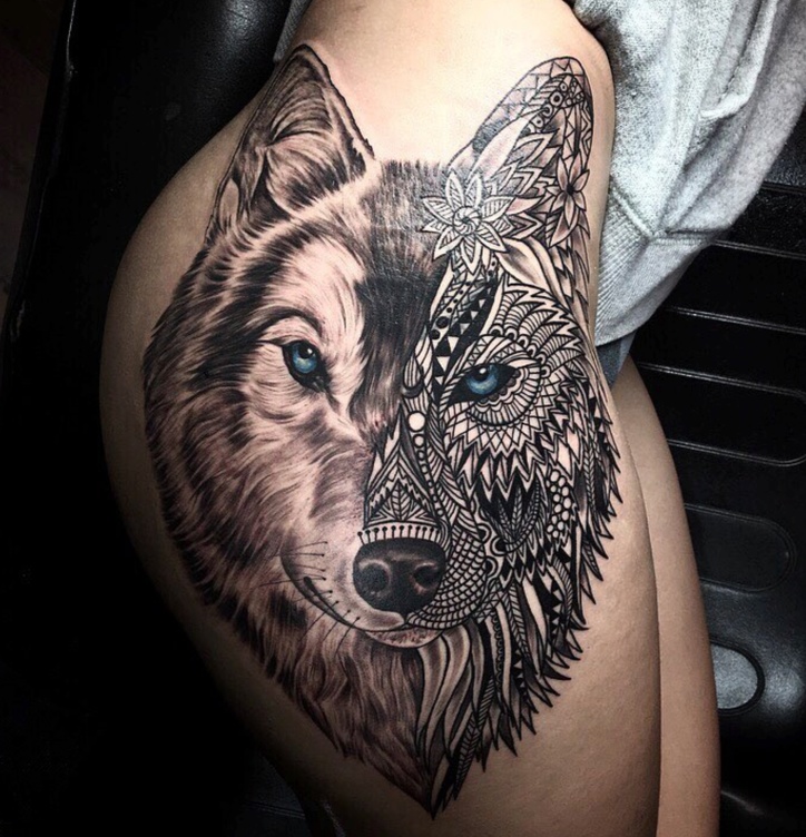 geometric mosaic wolf tattoo